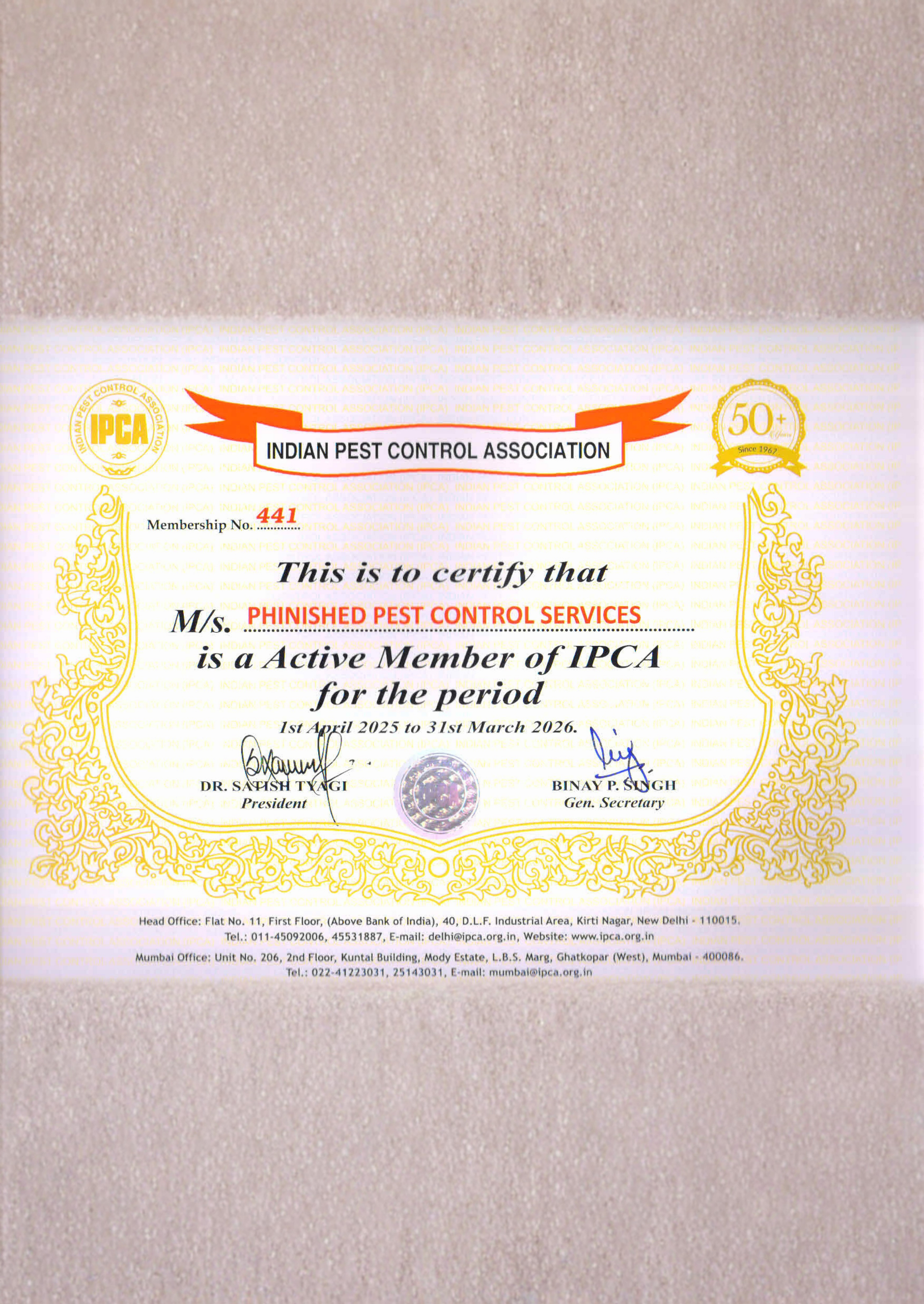 IPCA - CERTIFICATE (Indian Pest Control Association)